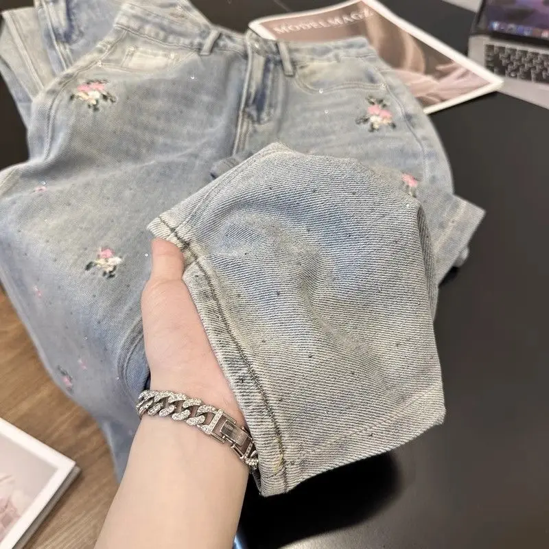 Retro flower embroidered jeans women's retro national style 2024 winter high waist loose narrow version wide leg floor pants