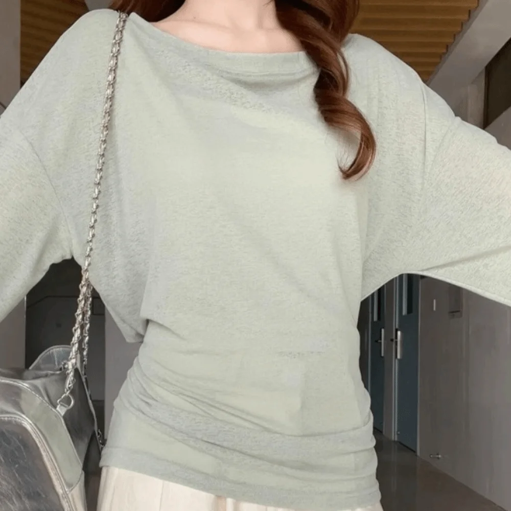 Koreanischer Stil, transparentes Langarm-T-Shirt, schulterfrei, locker geschnittenes, durchsichtiges Oberteil, hinten gebunden, Oversize-T-Shirt, lässig für den Alltag. – Detail 12