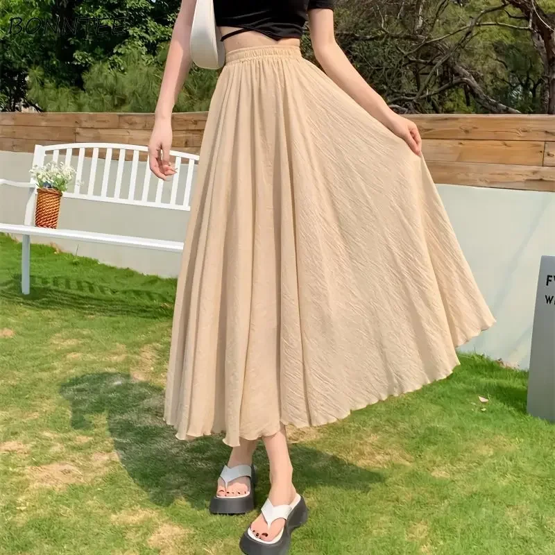 

Midi Skirts Women Elegant Sweet Tender All-match Fashion Summer Leisure Solid Simple High Waist Vintage Design Folds Holiday New