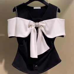 Commuting Fashionable Elegant Bowknot T-shirt Women New Summer 2024 Pleated Waist-cinching Off-the-shoulder Top Graphic T Shirts