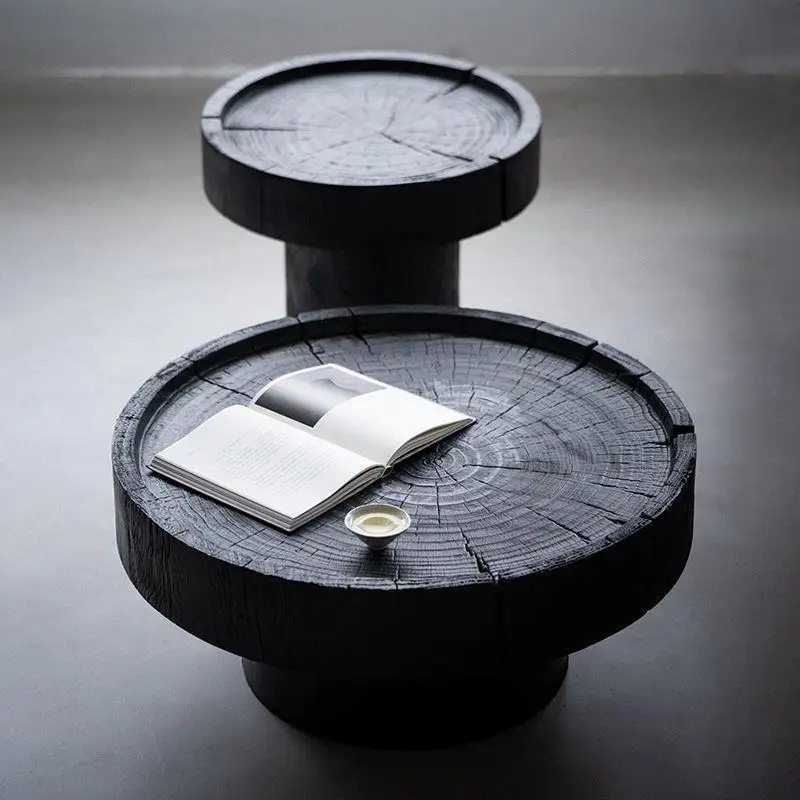Wabi Sandy Wind Solid Wood Round Coffee Table Living Room Simple Carbonized Black Edge Hotel Log Stump Creative Homestay