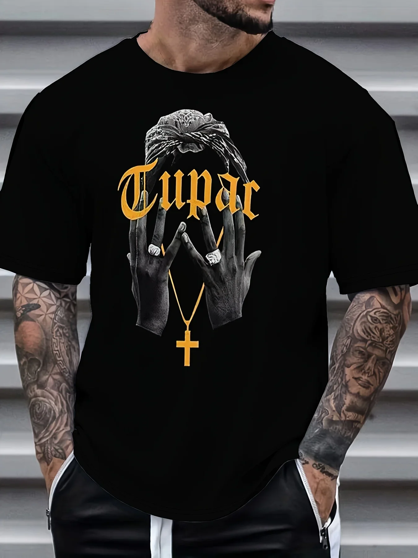 

Men's Black Short Sleeve T-Shirt with Bold "TUPAC" Letter Print & Unique Hand Design - Casual Crew Neck Polyester