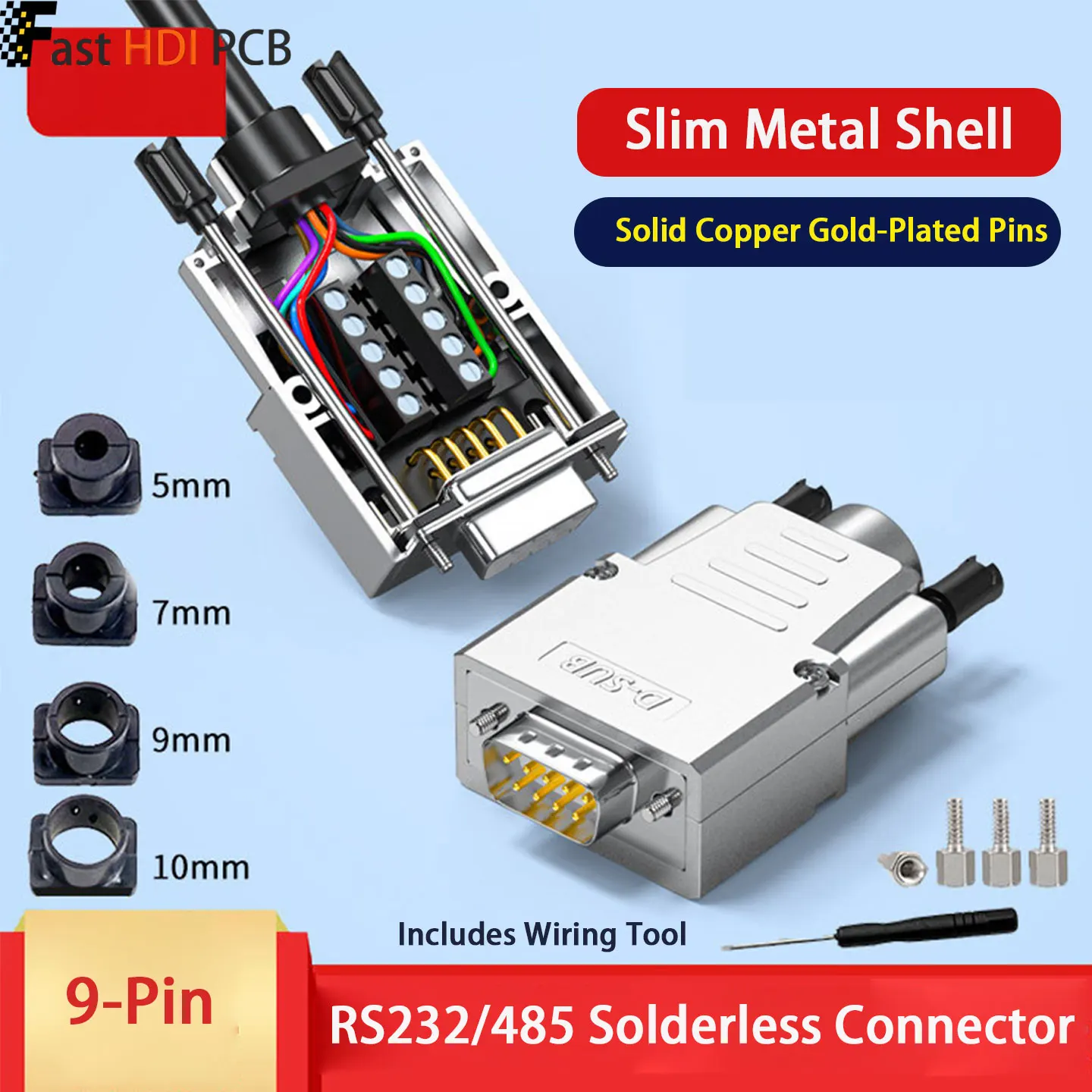 DB9 Solderless Metal Shell Connector Male Female 9 Pin RS232 RS485 Serial Screw Terminal for Glandsfor Industrial Control PLC