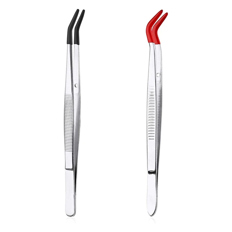 2Pcs Bent Tweezers With Rubber Tips, Curved Flat Tip Tweezer Stainless Steel Angled Grip Gem Stamp Sticker-AT64