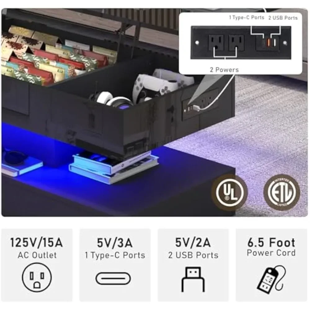 Mesa de centro grande con elevación superior de 47,2 pulgadas, mesas de centro LED modernas de alto brillo para sala de estar con almacenamiento, mesas de sala de estar