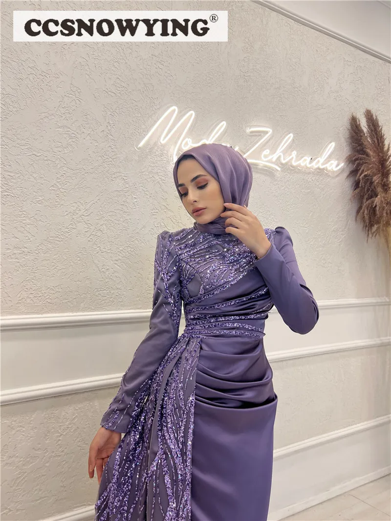 Gaun Malam Muslim Hijab Lengan Panjang Satin Ungu Gaun Pesta Formal Islami Leher Tinggi Gaun Prom Arabia Dubai Robe De Soiree