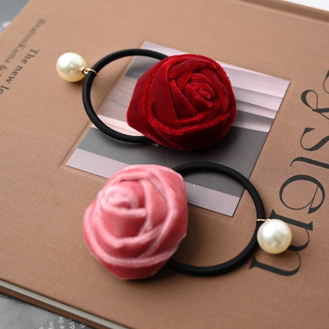 Red Velet Hair Rope Rose Hairties for Girls and Women Elastic Hair Ties Artificial Pearl Flower Pink Hair Accessories