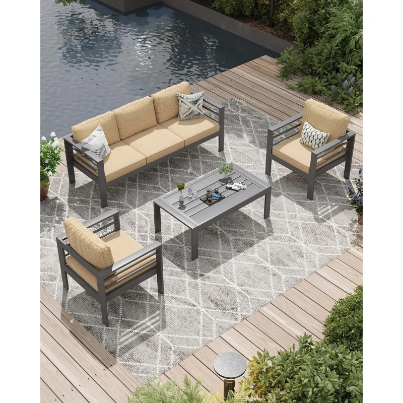 

4-Piece Beige Metal Patio Set, 5-Sectional Sofa/ Coffee Table, Fade-Resistant & Rustproof Outdoor Conversation Furniture