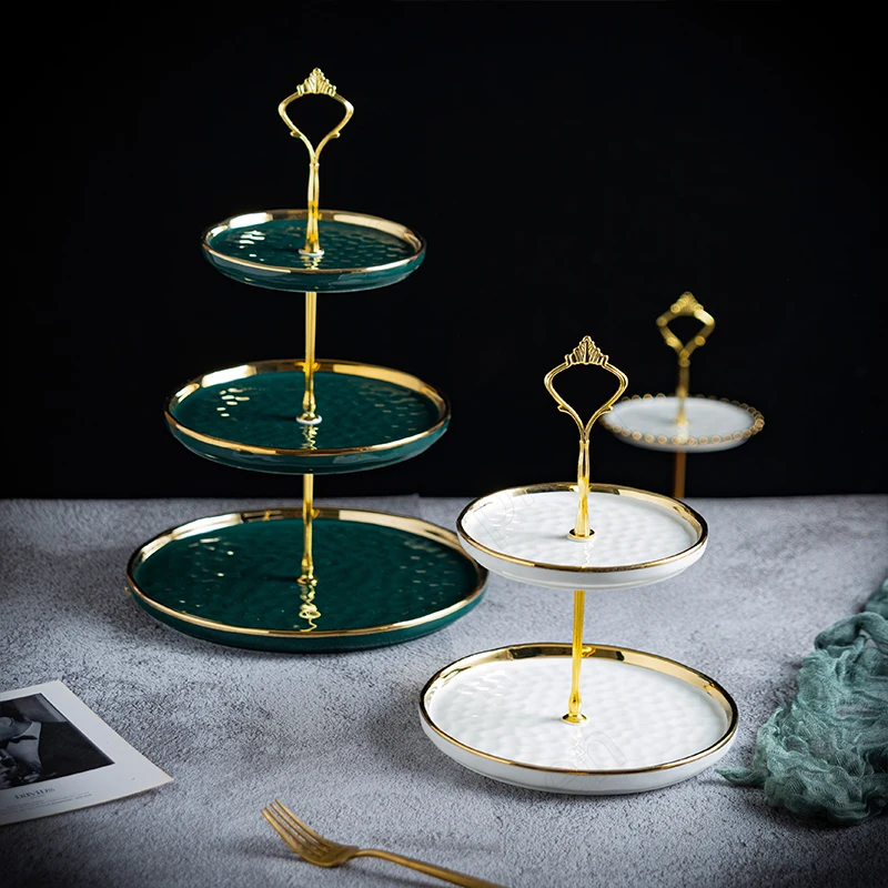 Nordic Gold Beads Decorative Cake Stand European Classical Golden Stroke Home Afternoon Tea Double Layer Dessert Ceramic Rack