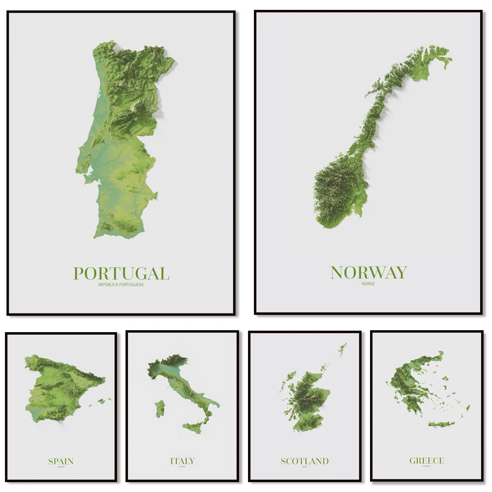 Рельефная карта Франции, Греции, Англии, Португалии, Германии, Норвегии, Японии, Италии, Испании, Плакат с затененым рельефным эффектом Шотландии