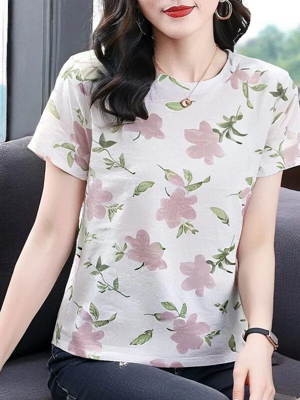 

Summer Short Sleeve Mom T-Shirt Women's Loose Casual Print Design round Neck Shoulder Top Versatile Comfortable Polyester Fiber