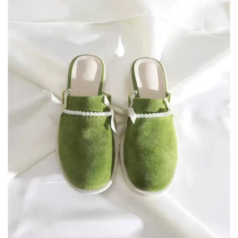 Lazy Slippers Baotou Pearl Bow Round Toe Deep Mouth Suede Slip-on Non-slip Temperament Low Heel Sandals