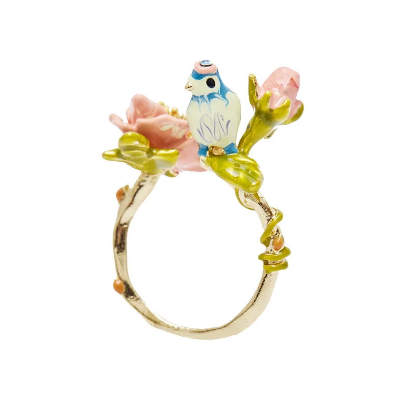 

French Fashion Hand Colored Glaze Three-dimensional Blue Tit Bird Pink Rose Flower Open Promise Ring for Women Gothic Jewelry