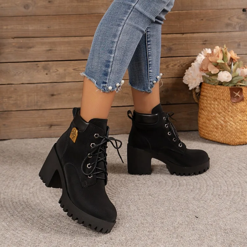 Women Big Yellow Boots 2024 New Spring Winter Pumps High Quality Lace-up European Ladies Shoes PU High Heels Fast Delivery Work