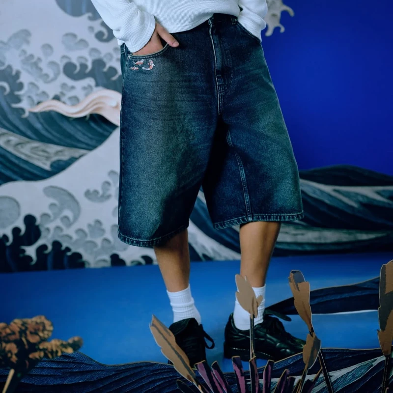 Y2K السراويل زهر الكرز Selvedge التطريز Harajuku فضفاض الدنيم السراويل الأمريكية الهيب هوب الشارع الشهير الرجال النساء السراويل غير رسمية