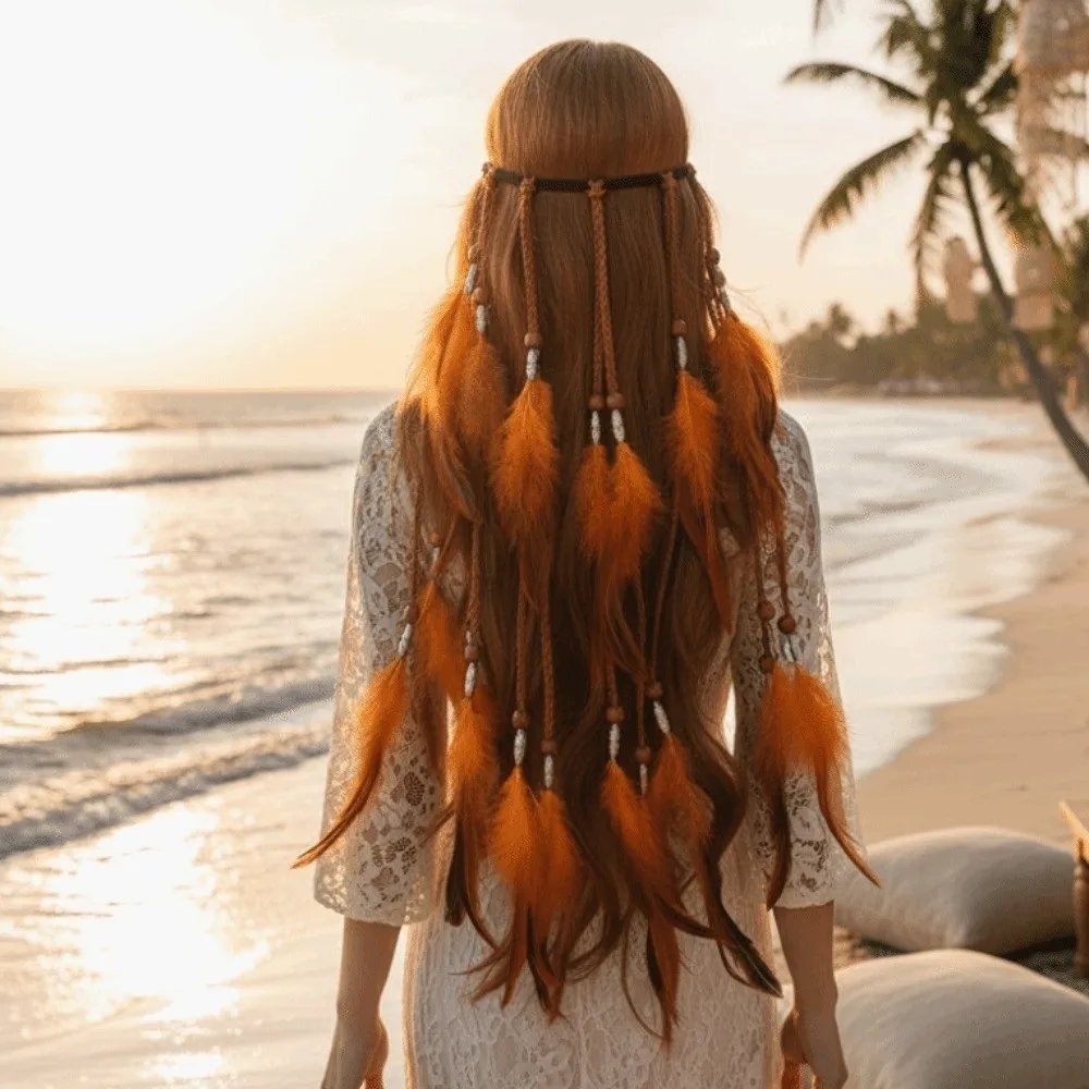 Synthetic Braided Cord Boho Feather Headpiece Adjustable Slide Bead Vibrant Orange Plumage Tribal Hair Extension
