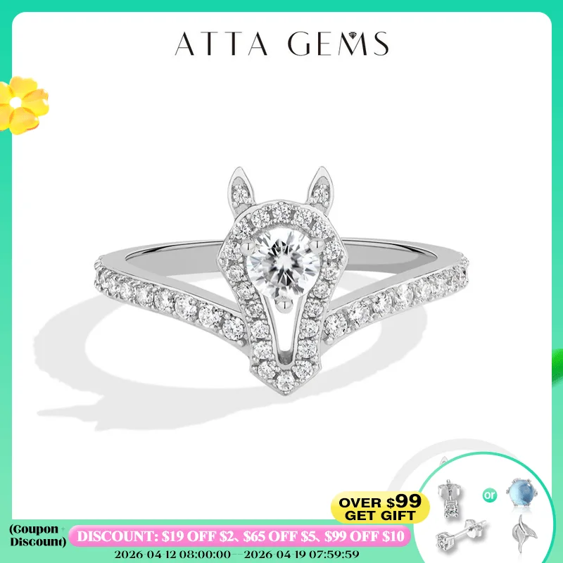 

ATTAGEMS 925 Sterling Silver Ring for Women Men Horsehead Center Round Moissanite Original Design Rings Wedding Animal Jewelry