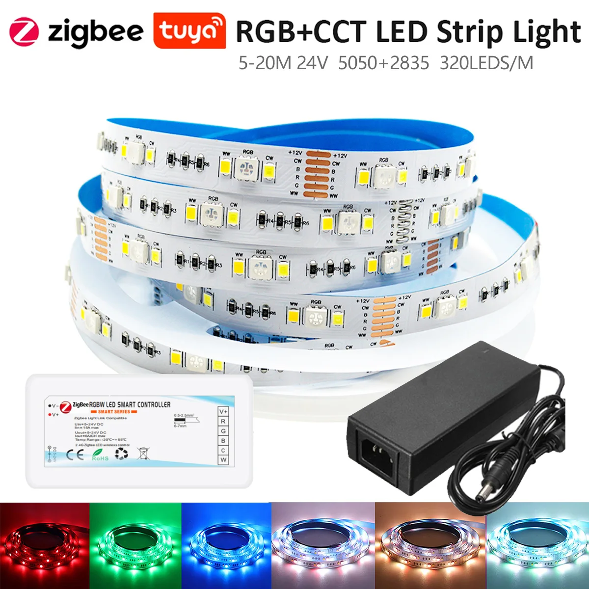 20M ZIGBEE 3.0 Smart Control DC24V 5050 RGBCCT LED Strip 3500K-6500K Room Lights Decor Voice for Tuya Zigbee Alexa Google Home