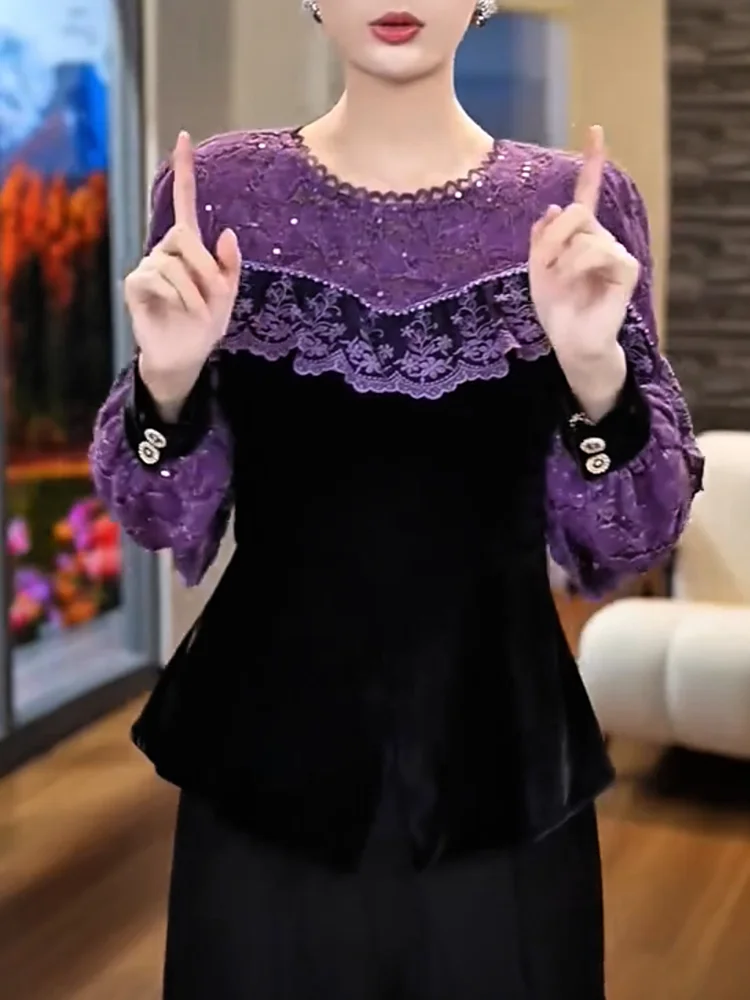 

Heavy-Embroidery Lace Patchwork Top Faionable plus Size Women's Slimming Long Sve round Ne Casual Wear