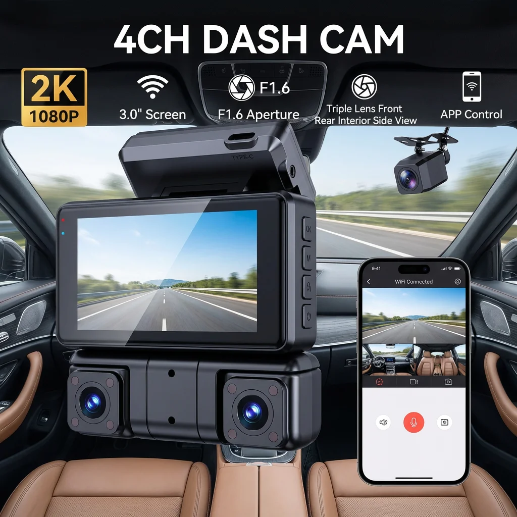 

4CH 2K Dash Cam WiFi GPS 3.0" Screen Car DVR Triple 1080P Lens Front Rear Interior Side View Parking Monitoring Motion Detection