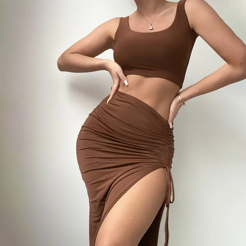 

Beach Dress Long Female Outfits Swimsuit 2024 Cover Ups For Swimwear Women Bathroom Ladies U Neck Strapless Slim Fit Slit Casual