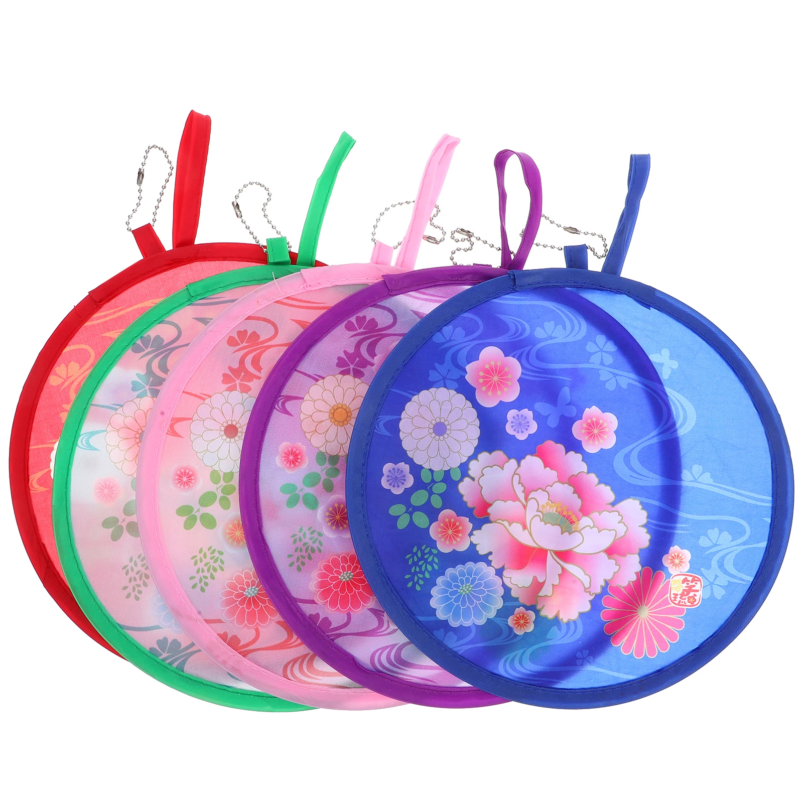 5PCS Faltbare Faltbare Handheld Kleine Runde Fan Floral Pfingstrose Farben Polyester Faltbare Fan Handheld Manuelle Party Geschenke