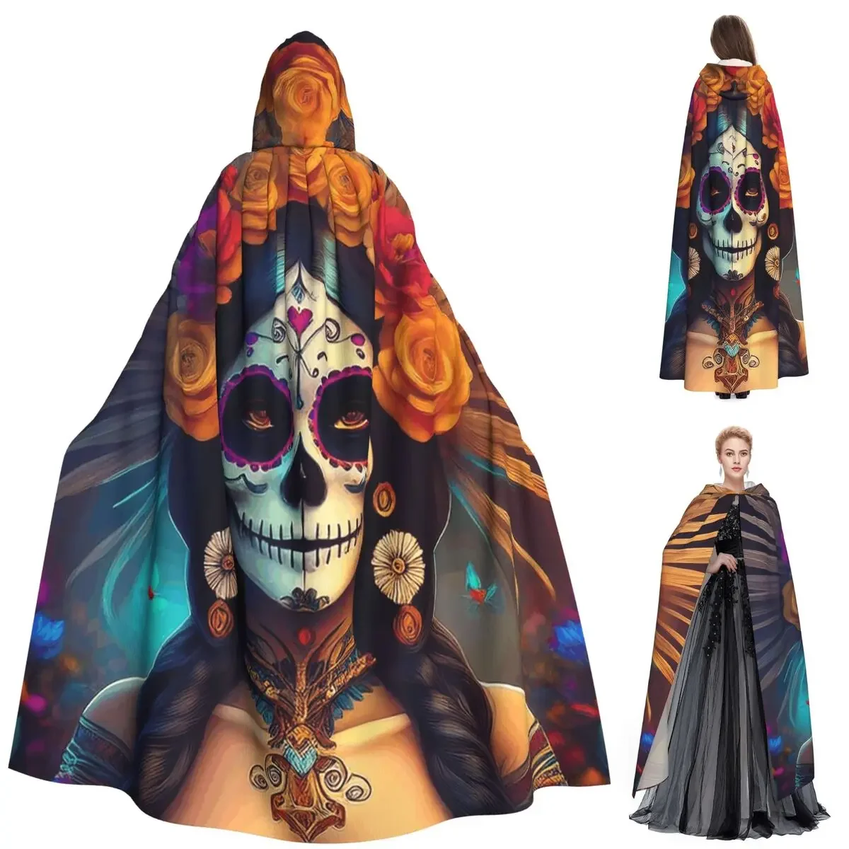 

Мексиканская Catrina Girl День мертвых сахарный череп длинный плащ с капюшоном ведьма средневековый костюм косплей накидка Хэллоуин вечеринка унисекс