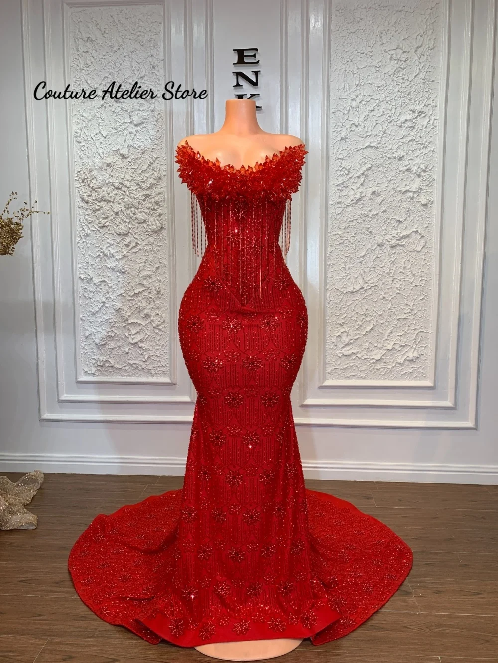 

Customized Mermaid Red New Year Prom Dresses For Black Girls Stones Crystal Beading Formal Sleeveless Evening Party Dress