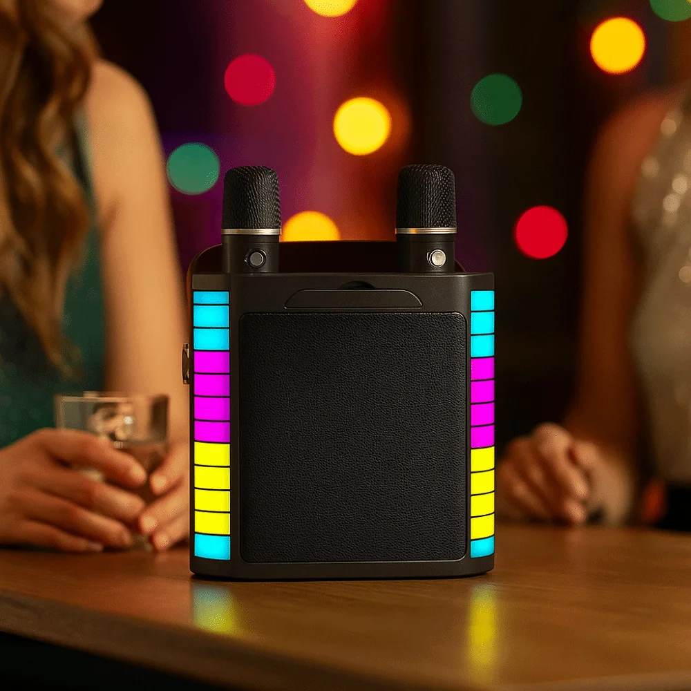 Altoparlanti Bluetooth wireless ad alta potenza Sistema di riverbero per home theater Sound Box con 2 microfoni wireless con luce a LED
