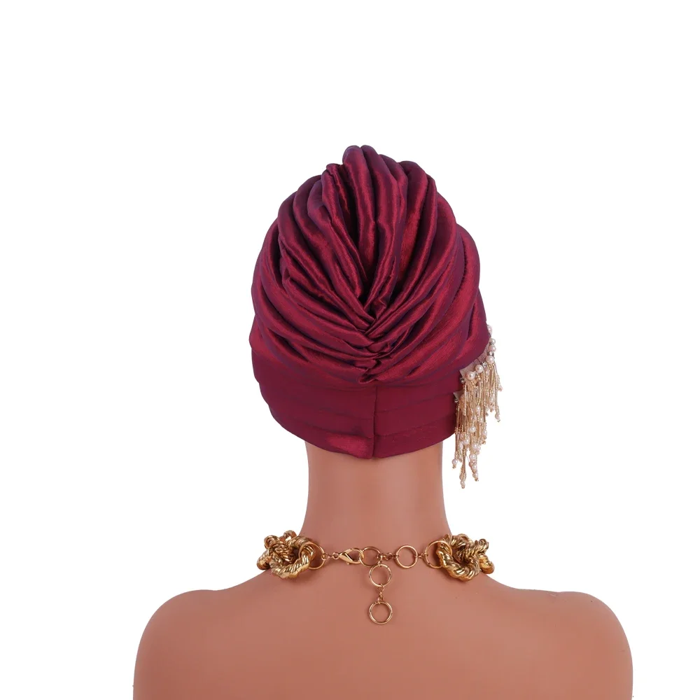 Pleated Beading Headscarf Hat Turbante Mujer 2024 New Tassels Turban Cap for Women African Raw Silk Head Wraps Bonnet