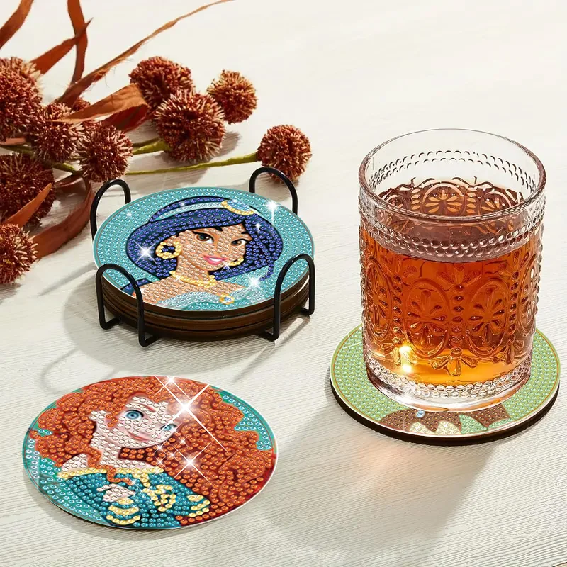 DIY Disney Diamond Painting Coaster Snow White Princess Mulan Cartoon Mosaic Drink Cup Pad Table Placemat with Holder Crafts