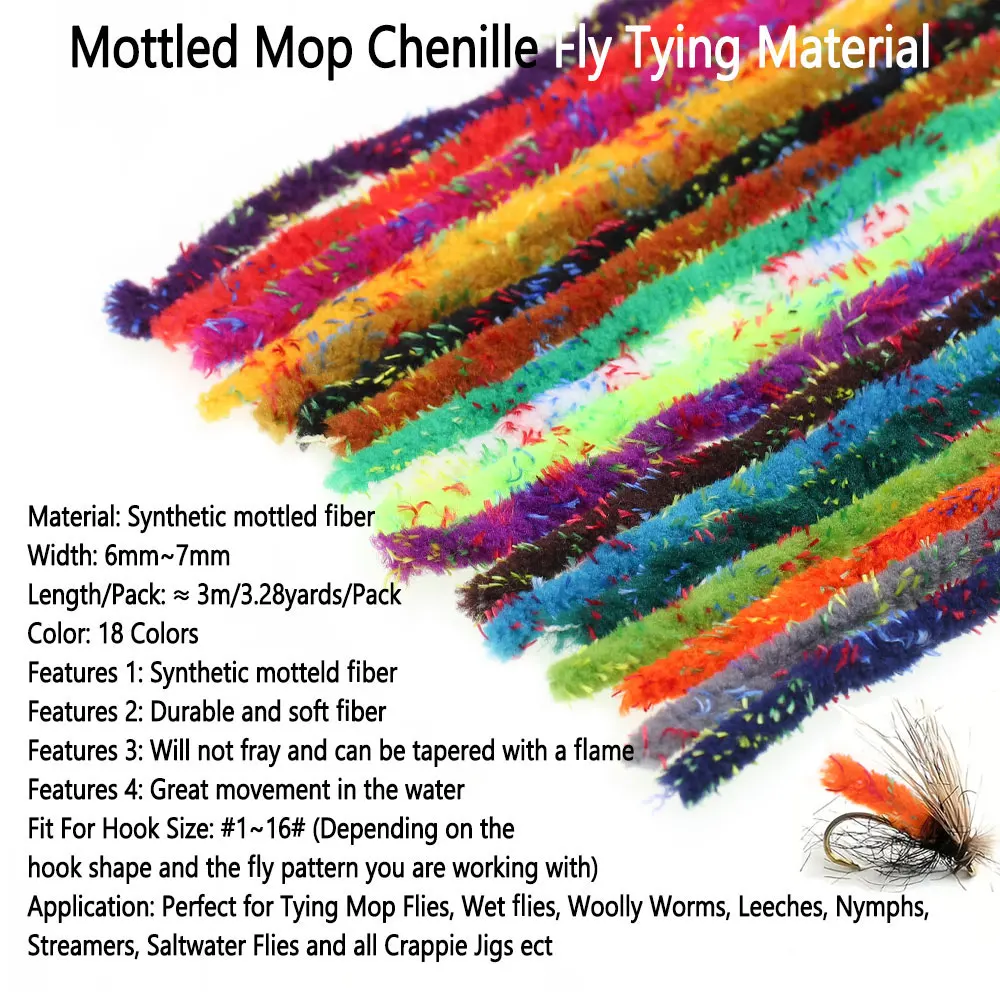 Bimoo 3M 6-7mm Wide Grizzly Mottled Mop Chenille Fly Tying Material Woolly Bugger Wet Nymph Streamer Mop Fly Crappie Jig Lures