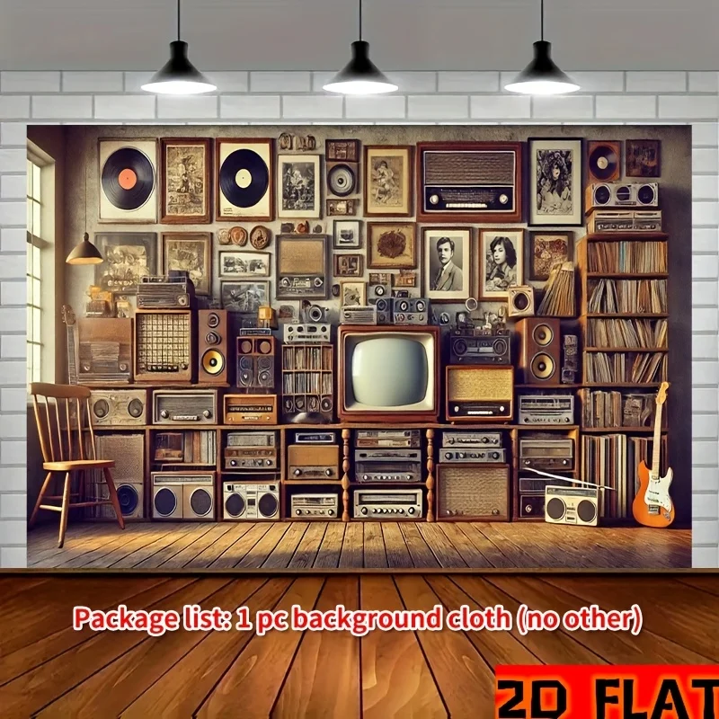 2D-Flachbanner, 1 Stück Retro-Haushaltsgeräte- und Fotohintergrundstoff, Schallplatte und Foto, Retro-Heimdekoration