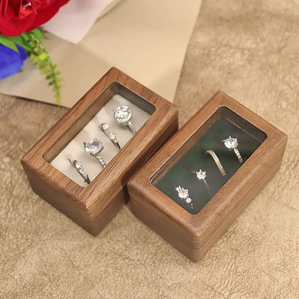 

4 Slots Square Rings Holder Magnetic Cover Opening Window Black Walnut Cufflinks Box Rectangular Dustproof Jewelry Ring Holder