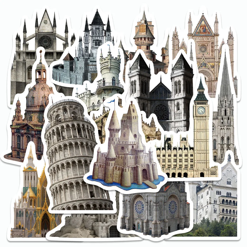 

50PCS Cartoon Medieval Castle Architecture Stickers Retro Style Decals For Laptop Refrigerator Suitcase DIY Decorate Stickers