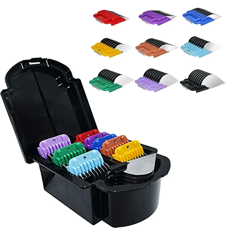 مجموعة مشط توجيه مكونة من 9 ألوان من الفولاذ المقاوم للصدأ للحيوانات لمعظم ماكينة قصاصات أوستر/واهل/أنديس القابلة للفصل (فقط على الحجم فقط # 10/15/30 شفرات)