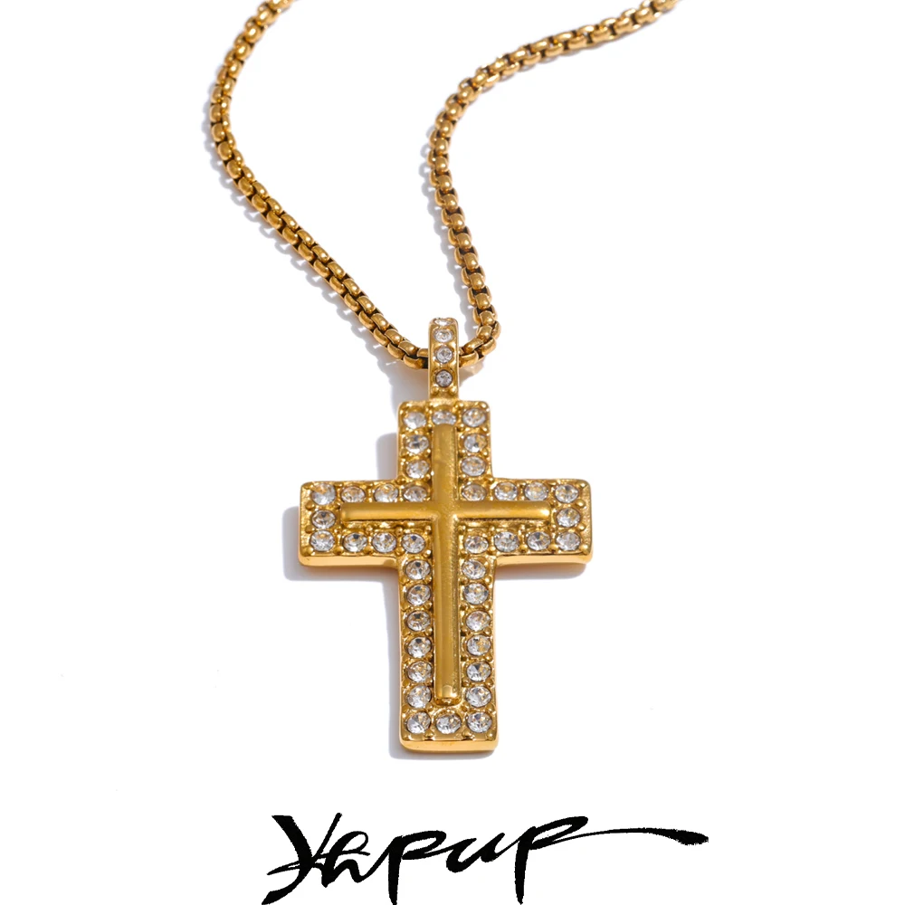 Yhpup 316L Cubic Zirconia Cross Necklace Pendant 18K Gold Color Plated Stainless Steel Fashion Classic Unisex Jewelry Men Women