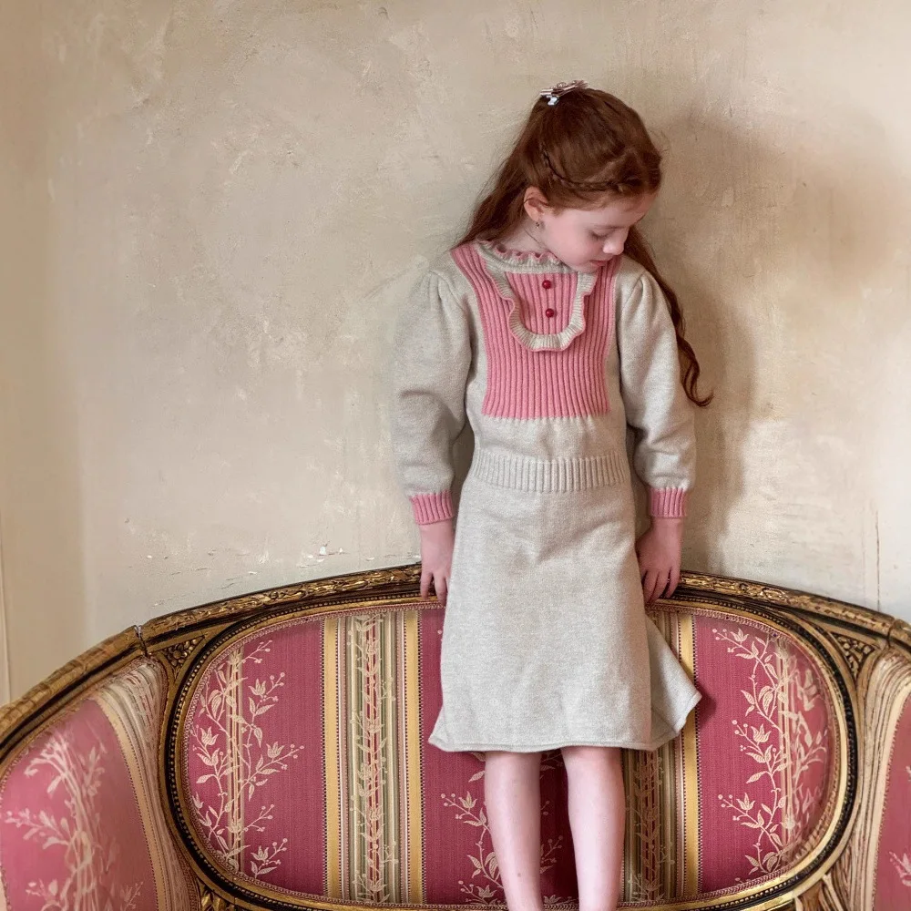 

UNITIM Children Girls Dress Knitted Spliced Long Sleeves Toddler Kids Girls Dress Korean Ruffle Teenager Girls Princess Dress