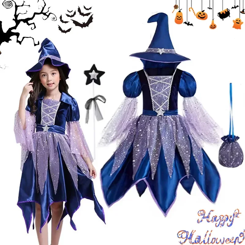 Kinder Mädchen Hexen-Charakter Cosplay Blau-Lila Glitzer-Stern-Netzkleid mit Komplettem Zubehör für Halloween-Themenparty – Detail 2