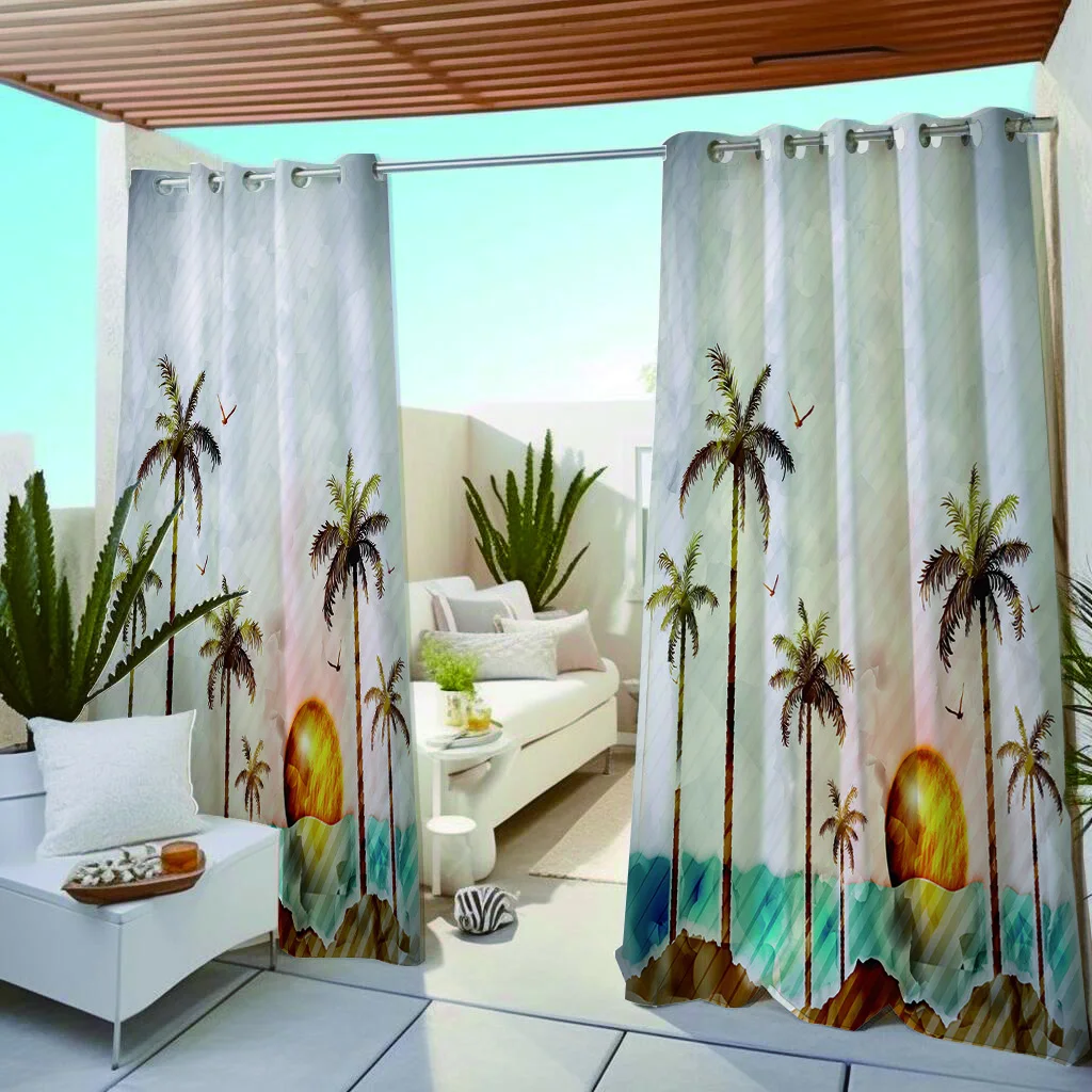 1 pc Outdoor Waterproof Oil-proofCurtains,Modern Sunshade Curtain Coconut Tree Natural Scenery Sky Print CurtainFor Living Room