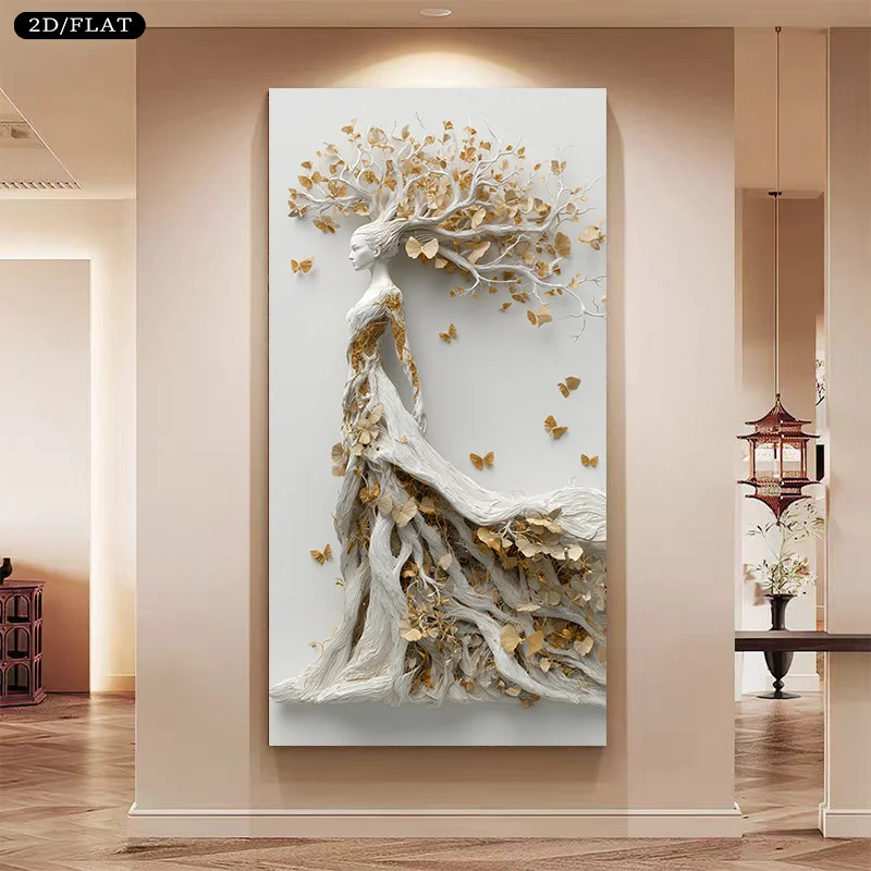

2D/Flat Large Modern Woman & Golden Butterflies Canvas Wall Art, Frameless Minimalist Beige & Golden Leaf for Living Room Decor
