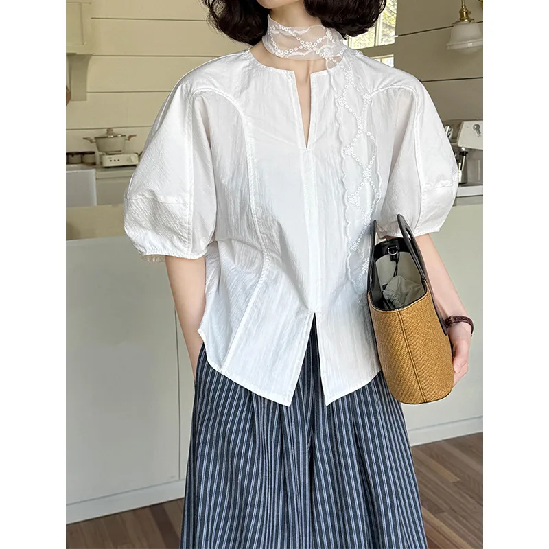 

summer blouse women French elegant women's shirt, V-neck lace patchwork white shirt, loose and age reducing top for women