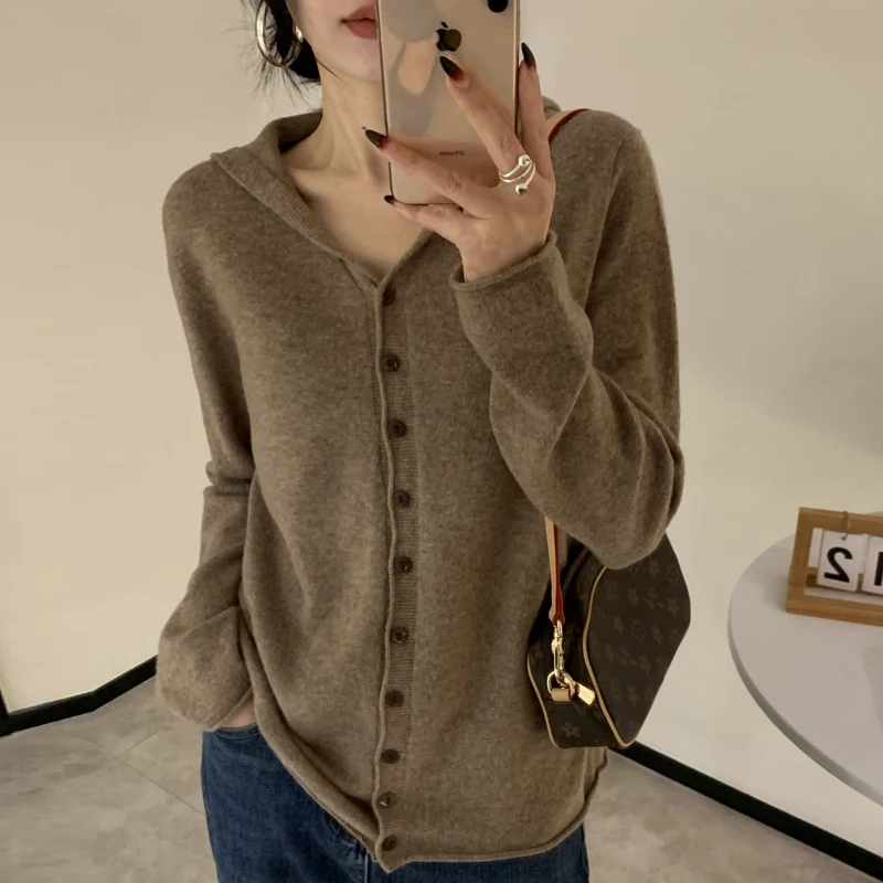 YSC2024 New Women\'s Classic Pure Wool One Line Hooded Cardigan Long Sleeve Soft Multi Color Casual Warm Fashion Knitted Sweater