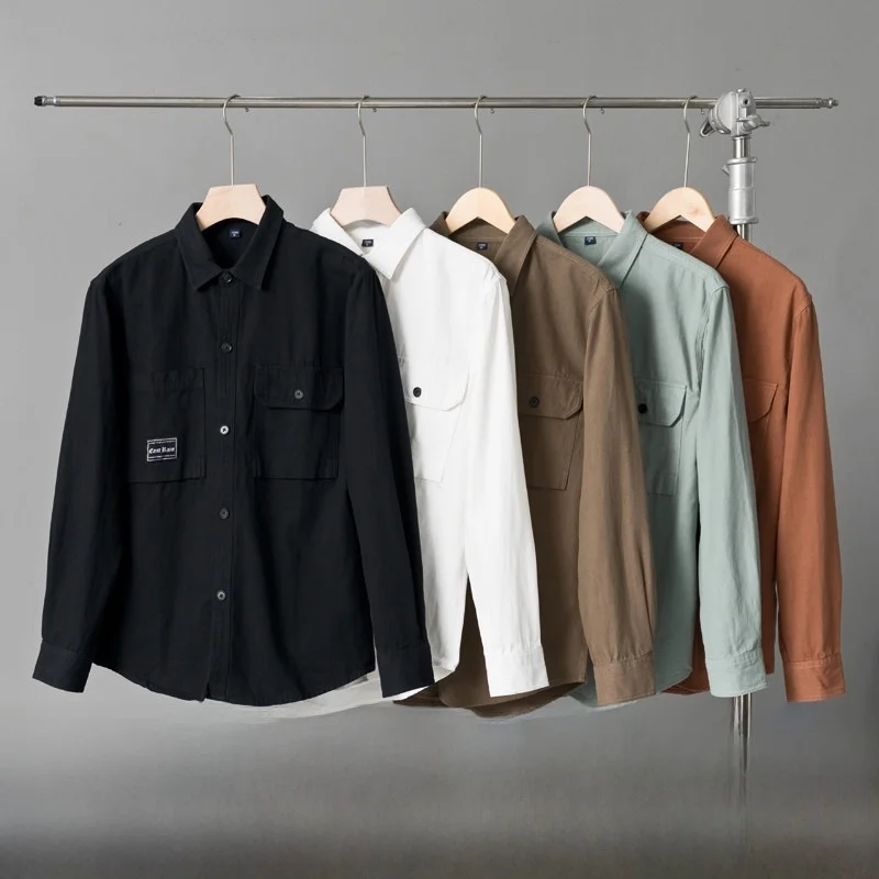 

American Casual Washed Cotton Khaki Long Sleeve Shirt for Men Pure Color Fashionable Loose Workwear Standard Fit Autumn Shirt