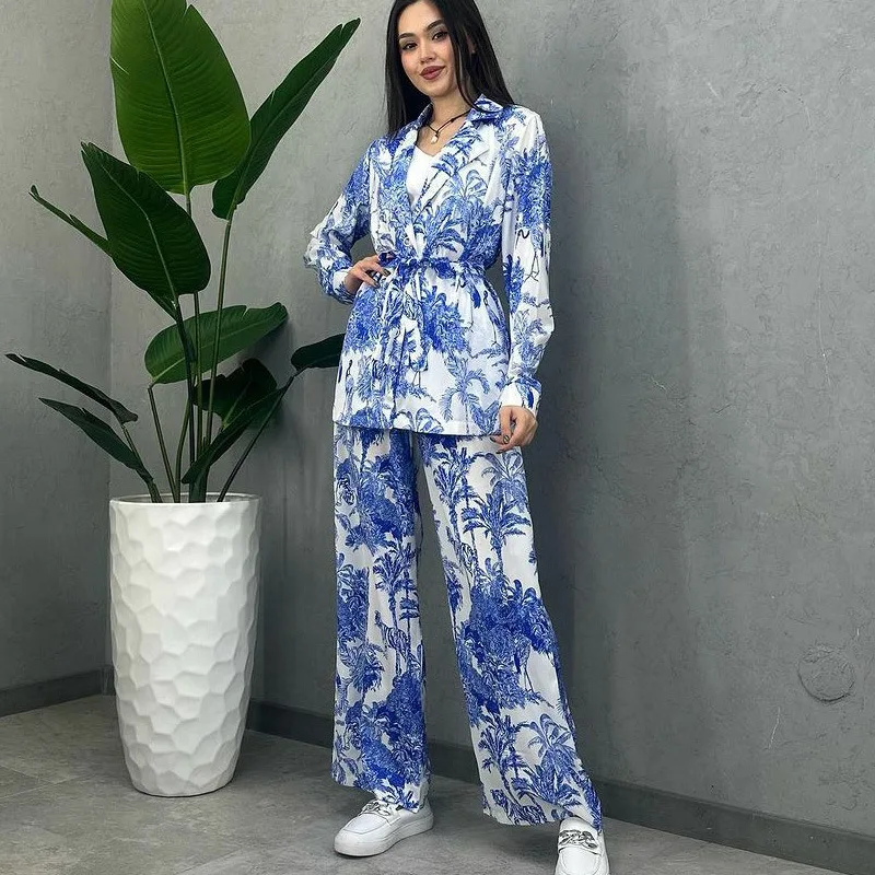 

Women Pant Sets Print Elegant Casual Two Piece Set Elegant Work Turn Down Collar Shirt Elastic Waist Wide Leg Long Pants Suits