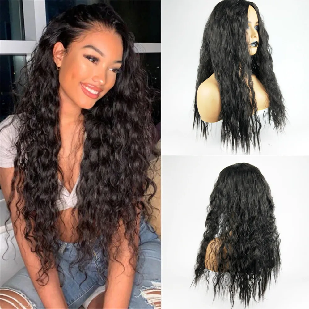 Długie peruki damskie Ion Perm Wave Curly Hair Full head Syntetyczne czarne przedłużanie włosów Żaroodporne sztuczne włosy peruki dla pani 68cm