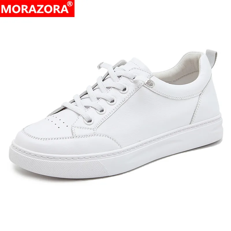 MORAZORA 2024 New Genuine Leather Shoes Women Sneakers Lace Up Platform Flats Solid Color Small White Flat Shoes Casual Footwear