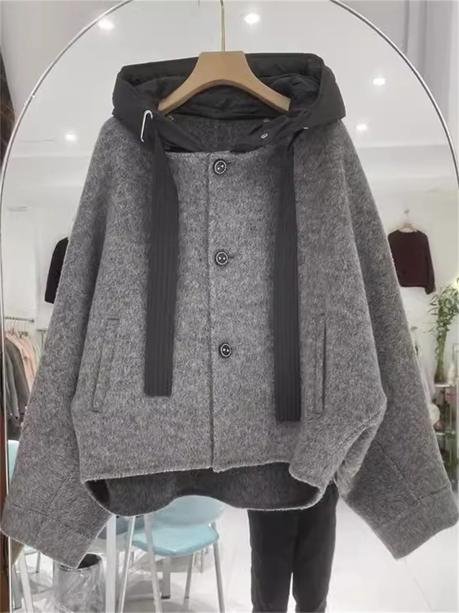 

Casual Woolen Coat with Hood Loose Batwing Sves for Men Autumn Winter Vintage Sle ex Long Sve Jaet