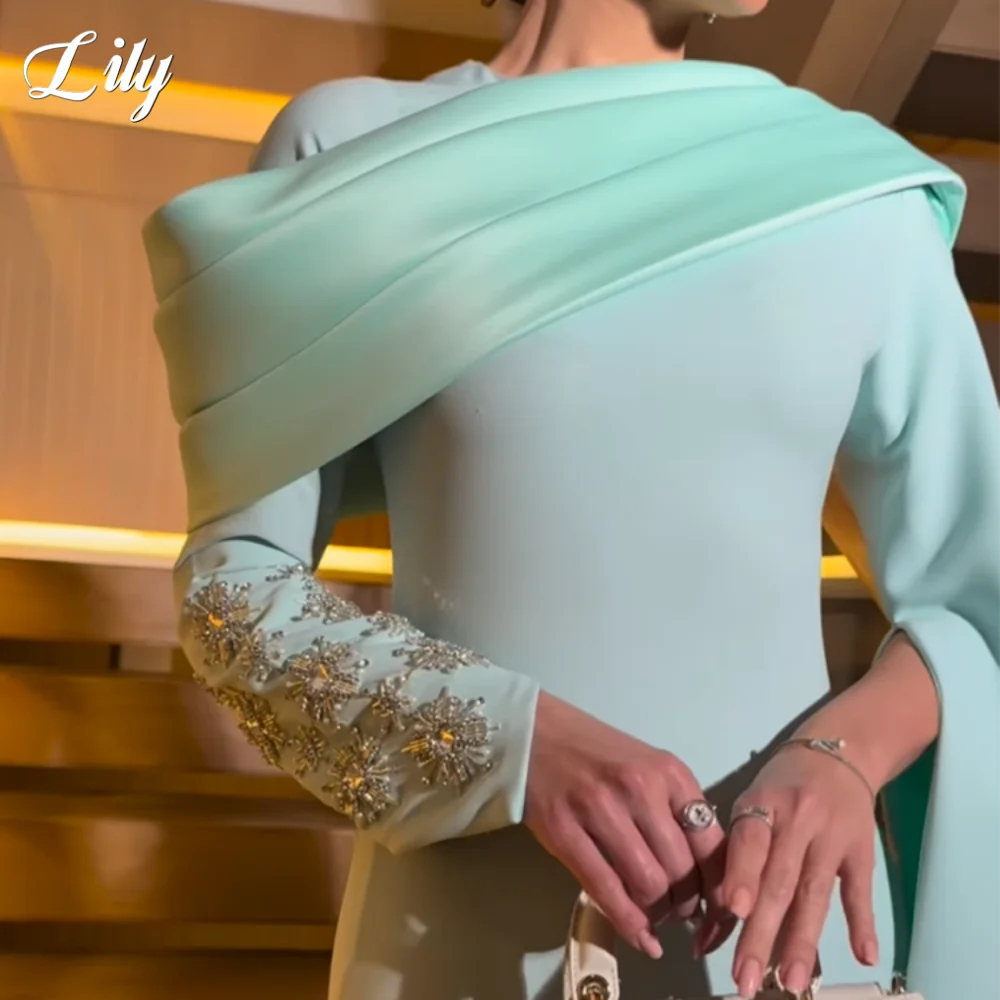 

Lily Sky Blue Mermaid Party Dress Crystals Satin O-neck 프롬드레스 Full Regular Sleeve Split Train Gala Prom Dress Customized