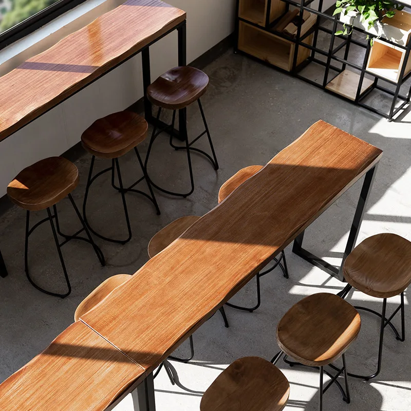

Bar table Solid wood bar Table and chair combination Commercial wrought iron wine Bar table Long strip against the wall High foo